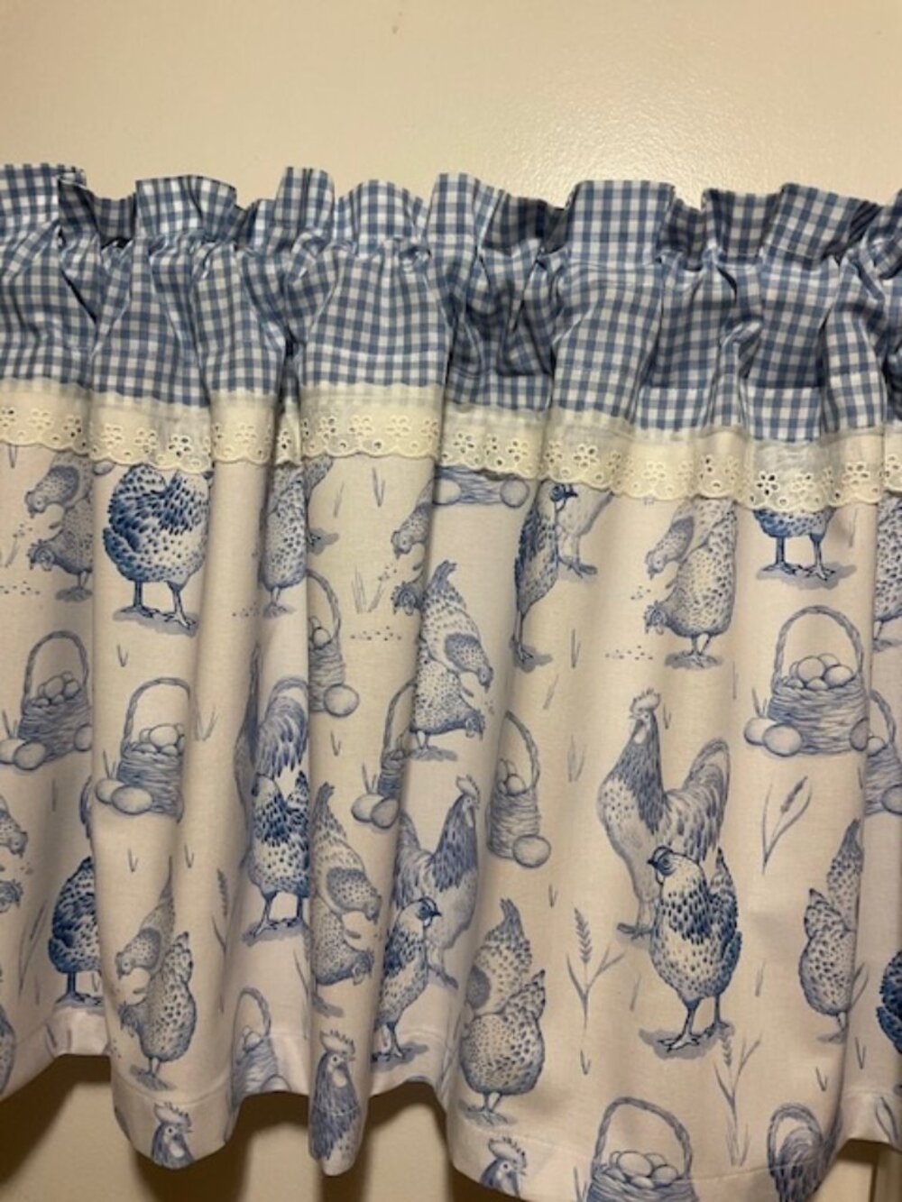 Handmade Blue Chicken Toile and Plaid Valance, 42x 15 for Eva Johnson 678